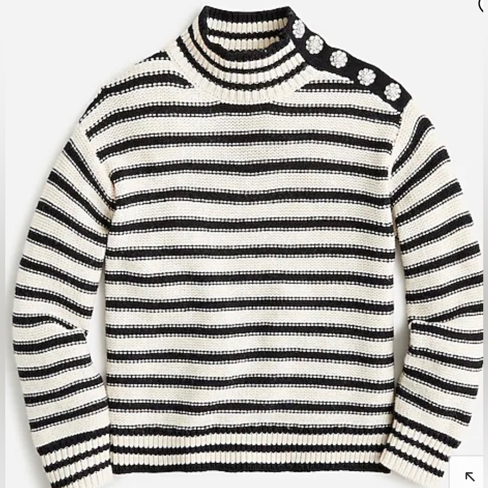 J.Crew NWT Cable Knit Mockneck Pullover Striped Sweater Jewel Buttons Size L